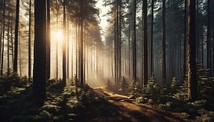 pine forest in the morning in the sun 3d rendering