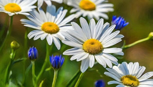 llustration of beautiful daisies found on gardens in fields with shades of white yellow and blue present exuberant beauty in this digital painting