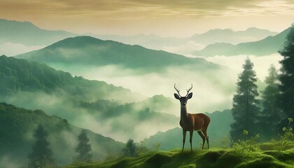 horizontal banner silhouette of deer doe fawn standing on hill forest and mountains in background magical misty landscape fog green illustration background