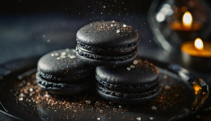 charcoal black gourmet macarons with sparkles charcoal black macarons garnished with edible sparkles on a dark backdrop