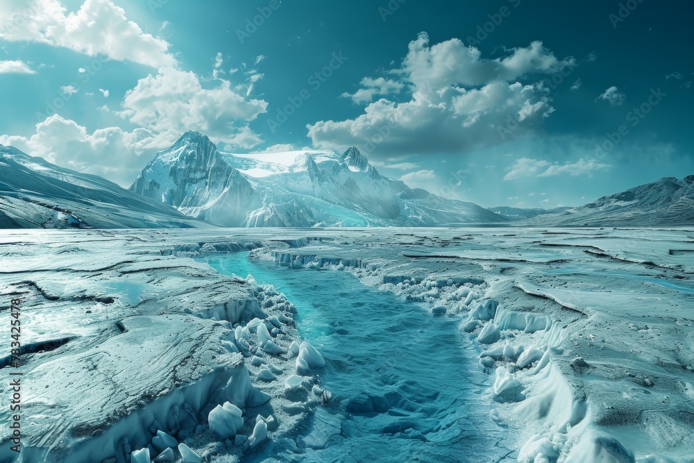 Poster a frozen landscape with a river running through it. business path concept