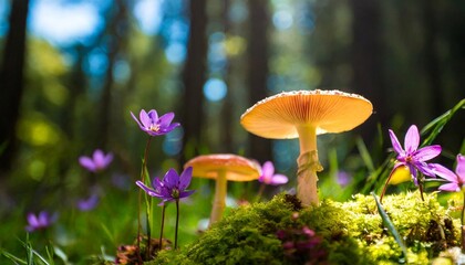 lose yourself in the enchantment of a forest illuminated by glowing mushrooms and colorful blooms - obrazy, fototapety, plakaty