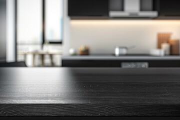 Contemporary kitchen with blurred black tabletop, showcasing a sleek and modern culinary space.