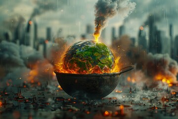A planet is on fire and is surrounded by a city. The concept of disasters and cataclysms, war and apocalypse - obrazy, fototapety, plakaty