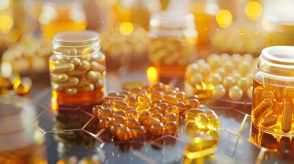 A collection of various capsules and pills containing dietary supplements or medicines arranged in hexagonal jars, resembling a honeycomb pattern. This composition provides a visually appealing - obrazy, fototapety, plakaty