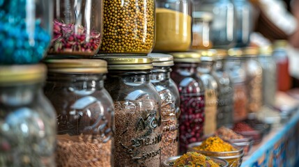 Jars of spices and dried goods for sale in a market stall. Marrakesh, Marrakesh-Safi, Morocco.