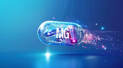 Poster A vector illustration featuring minerals like Mg (magnesium) and vitamins encapsulated within a translucent capsule. Macronutrients and dietary supplements, set against a blue gradient background © Orxan