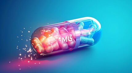 A vector illustration featuring minerals like Mg (magnesium) and vitamins encapsulated within a translucent capsule. Macronutrients and dietary supplements, set against a blue gradient background