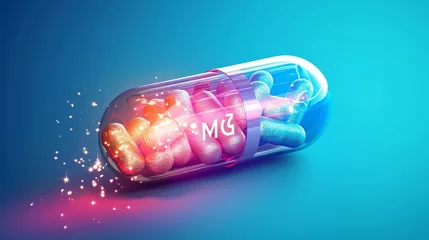 Poster A vector illustration featuring minerals like Mg (magnesium) and vitamins encapsulated within a translucent capsule. Macronutrients and dietary supplements, set against a blue gradient background © Orxan