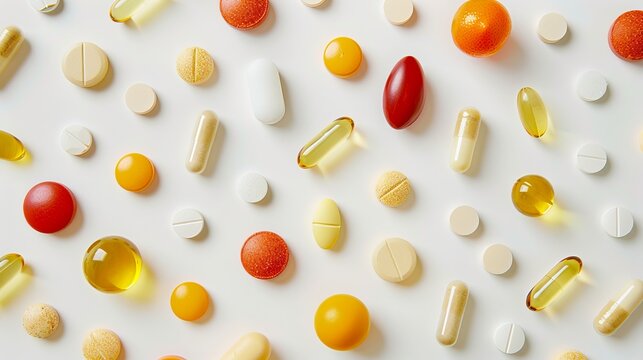 A flat lay composition showcasing various vitamin capsules and dietary supplements arranged neatly on a white background. This concept illustrates the idea of vitamin complexes and overall health