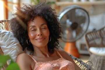 A woman with curly hair is smiling and relaxing in a chair