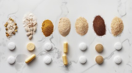 Various types of dietary supplements for health and beauty are available, including collagen, vitamins, biotin, and protein in both pill and powder forms - obrazy, fototapety, plakaty