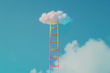 A colorful ladder extending to a cloud against a blue sky.