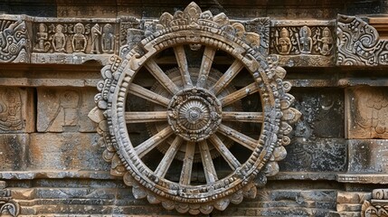 Eight-Spoked Dharma Wheel Representing Eightfold Path on Stone Temple Wall