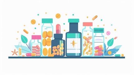 Flat vector illustration depicting pharmaceutical drug products derived from biological sources. Biopharmaceutical products, biopharmacology products, and other biological medical products