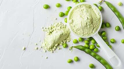 A plastic scoop filled with plant-based pea protein powder, accompanied by fresh green pea seeds, all against a white background. An isolated copy space for additional text or design elements - obrazy, fototapety, plakaty