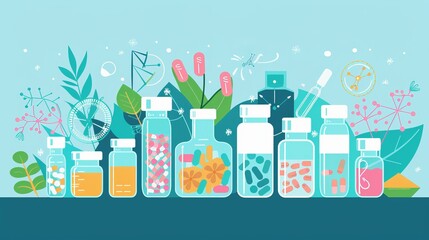 Flat vector illustration depicting pharmaceutical drug products derived from biological sources. Biopharmaceutical products, biopharmacology products, and other biological medical products - obrazy, fototapety, plakaty