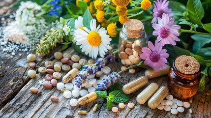 Obraz na płótnie Canvas A close-up image showcasing different pills, herbs, and flowers arranged on a wooden table. A variety of dietary supplements, emphasizing natural ingredients and holistic health practices