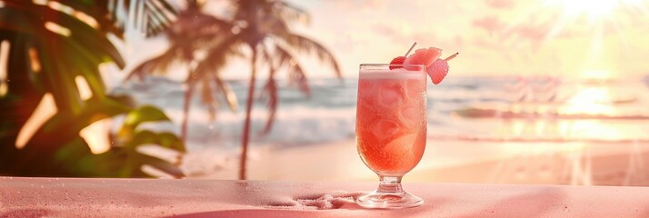 multi-colored berry-fruit cocktail with strawberries on the sand against the background of the sea and waves in summer on a sunny day in a pink tone. The concept of travel, relaxation, vacation