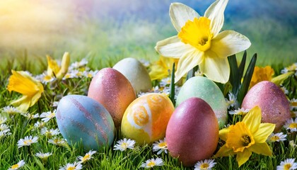 Fototapeta na wymiar art easter eggs on meadow with daffodil flower
