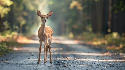 Little wild deer stands on road that cuts through forest. Road hazards, wildlife and transport
