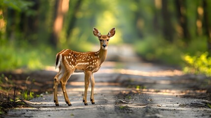 Obraz premium Little wild deer stands on road that cuts through forest. Road hazards, wildlife and transport 