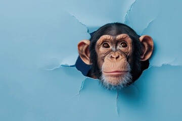 Chimpanzee peeking through a torn blue paper wall. - obrazy, fototapety, plakaty