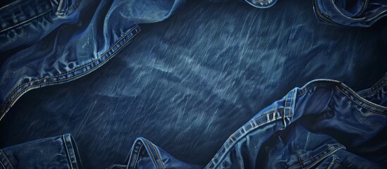 Denim jeans in close-up detail against a vibrant blue background, showcasing texture and style - obrazy, fototapety, plakaty