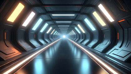 An inviting sci-fi corridor draws the eye towards the bright light at the far end, suggesting discovery - obrazy, fototapety, plakaty