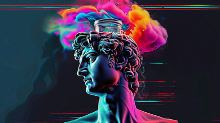 A classical sculpture is depicted with vibrant neon colors escaping from a glass jar, symbolizing the liberation of limitless creativity and ideas.