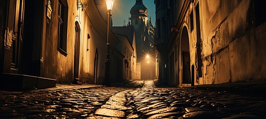 Solitude and Serenity: A solitary streetlamp casts its gentle glow upon the deserted cobblestone street, evoking a sense of quiet contemplation and urban tranquility - obrazy, fototapety, plakaty