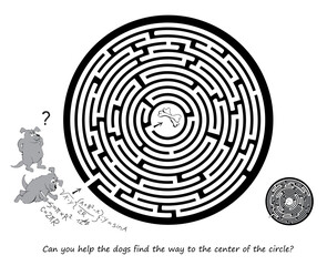 Best labyrinths. Can you help the dogs find the way to the center of the circle? Logic puzzle game. Brain teaser book with maze. Kids activity sheet. Educational page. Vector cartoon illustration.