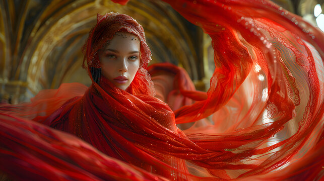 A mesmerizing array of Venetian costumes draped elegantly, caught in a moment of graceful motion under the gentle caress of natural light