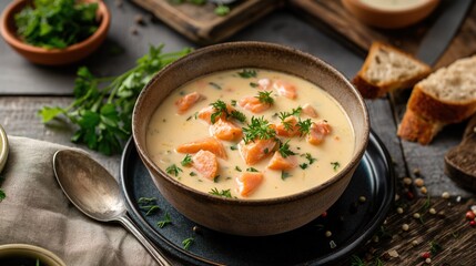 Creamy soup with salmon, parsley and bread in bowl on dark background top view copy space. Salmon Lohikeitto Soup