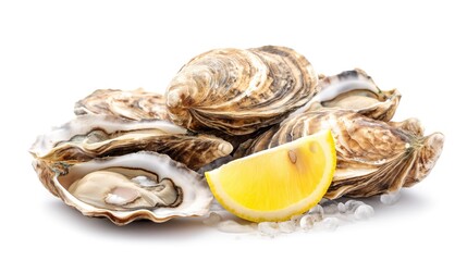 Fresh oysters and lemon isolated on white background. Close up. Seafood concept.