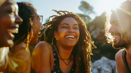 Group of friends laughing and chatting as they soak up the sun, Happiness, love, health, respect - obrazy, fototapety, plakaty
