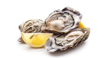 Fresh oysters with lemon isolated on white background. Seafood concept.