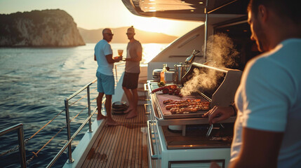 Friends having a barbecue party on the yacht's spacious deck, Happiness, love, health, respect - obrazy, fototapety, plakaty