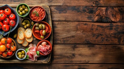 Italian antipasti snacks set. Ham serrano, tomatoes, olives, pickles, crackers on old wooden background with copy space.  Top view