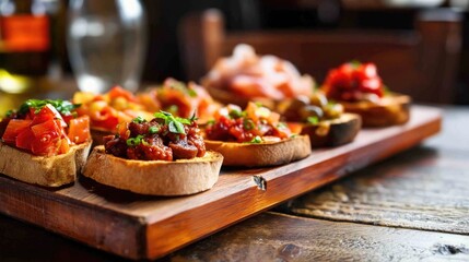 Bruschetta with meat and vegetables on a wooden board.