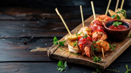 Grilled shrimps and prawn skewers with tomato sauce on wooden board