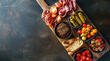 Variety of sausages and meat products on wooden board over dark background. Top view, copy space