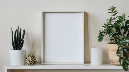 Closeup shot of desk, table or shelf with decorative plant and empty blank foursquare picture frame with white copy space for your photograph or advertising content. Photography, design and decoration
