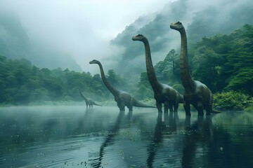 Misty River Crossing: Majestic Brachiosaurs in Serene Waters. Concept Dinosaur photoshoot, River scene, Majestic Brachiosaurus, Serene water, Misty atmosphere - obrazy, fototapety, plakaty