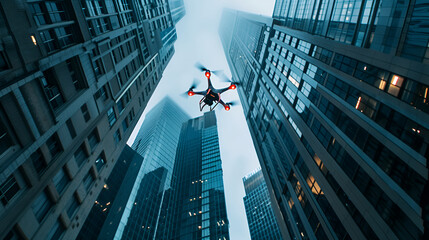 Advanced high-tech drone navigating through downtown high-rises with evening glow.