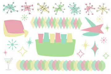 Retro 50s Atomic Age designs, pastel colors, starburst motifs, borders, signs, banners, Mid-Century modern decor elements