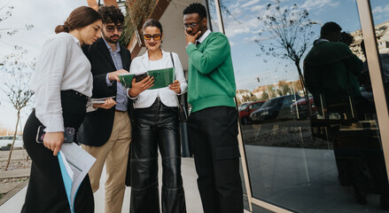 A diverse group of start-up entrepreneurs discussing business plans outside a modern office building.