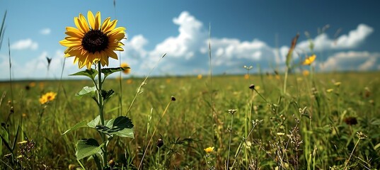 Solitary Splendor: Majestic Sunflower Emerges in a Vast Expanse, Symbolizing Resilience, Strength, and Individuality Amidst Nature's Canvas of Beauty and Serenity - obrazy, fototapety, plakaty