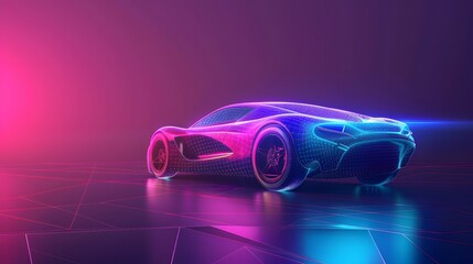 Generic abstract futuristic Glowing Concept Car neon wireframe banner with copyspace empty area - obrazy, fototapety, plakaty