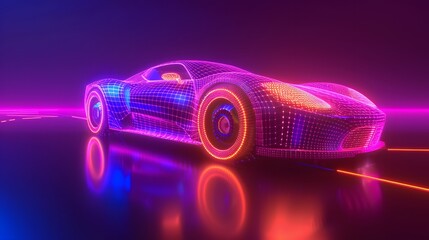 Generic abstract futuristic Glowing Concept Car neon wireframe banner with copyspace empty area - obrazy, fototapety, plakaty